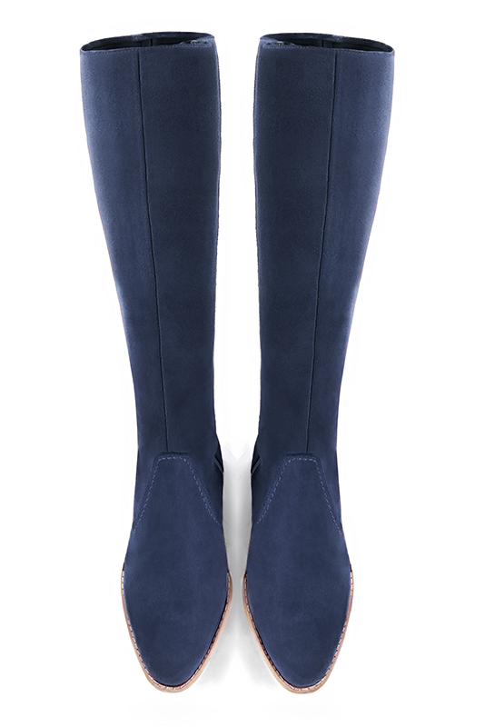 Denim blue women's riding knee-high boots. Round toe. Low leather soles. Made to measure. Top view - Florence KOOIJMAN